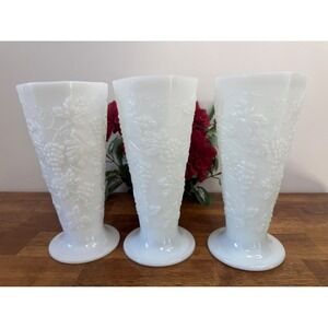 Vintage Grape Vine Milk Glass Vases White Pedestal Wedding Decor Retro Farmhouse